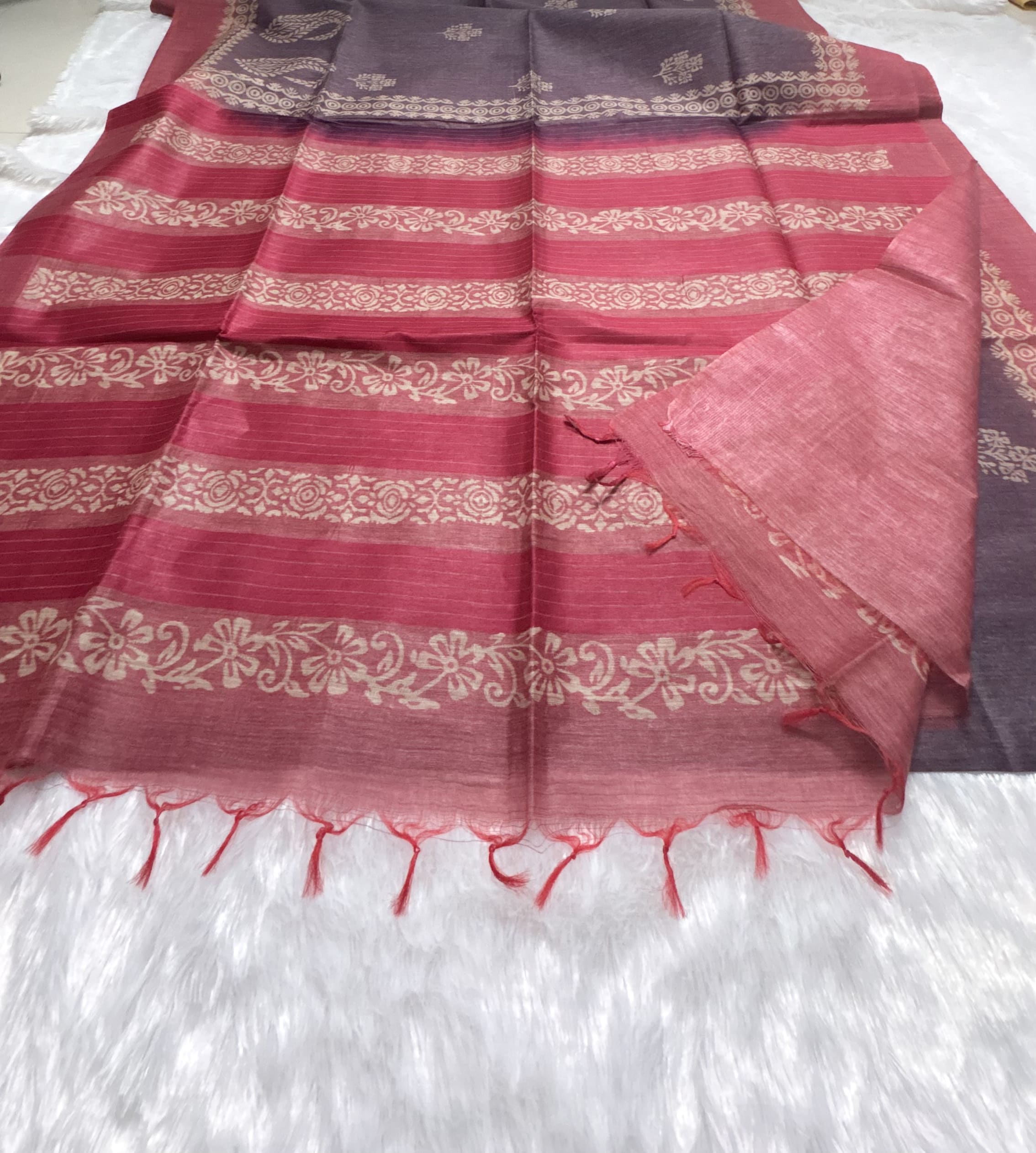 Semi tussar saree with block prints Purple and Pink — Purple/Lavender Chanderi Tussar saree