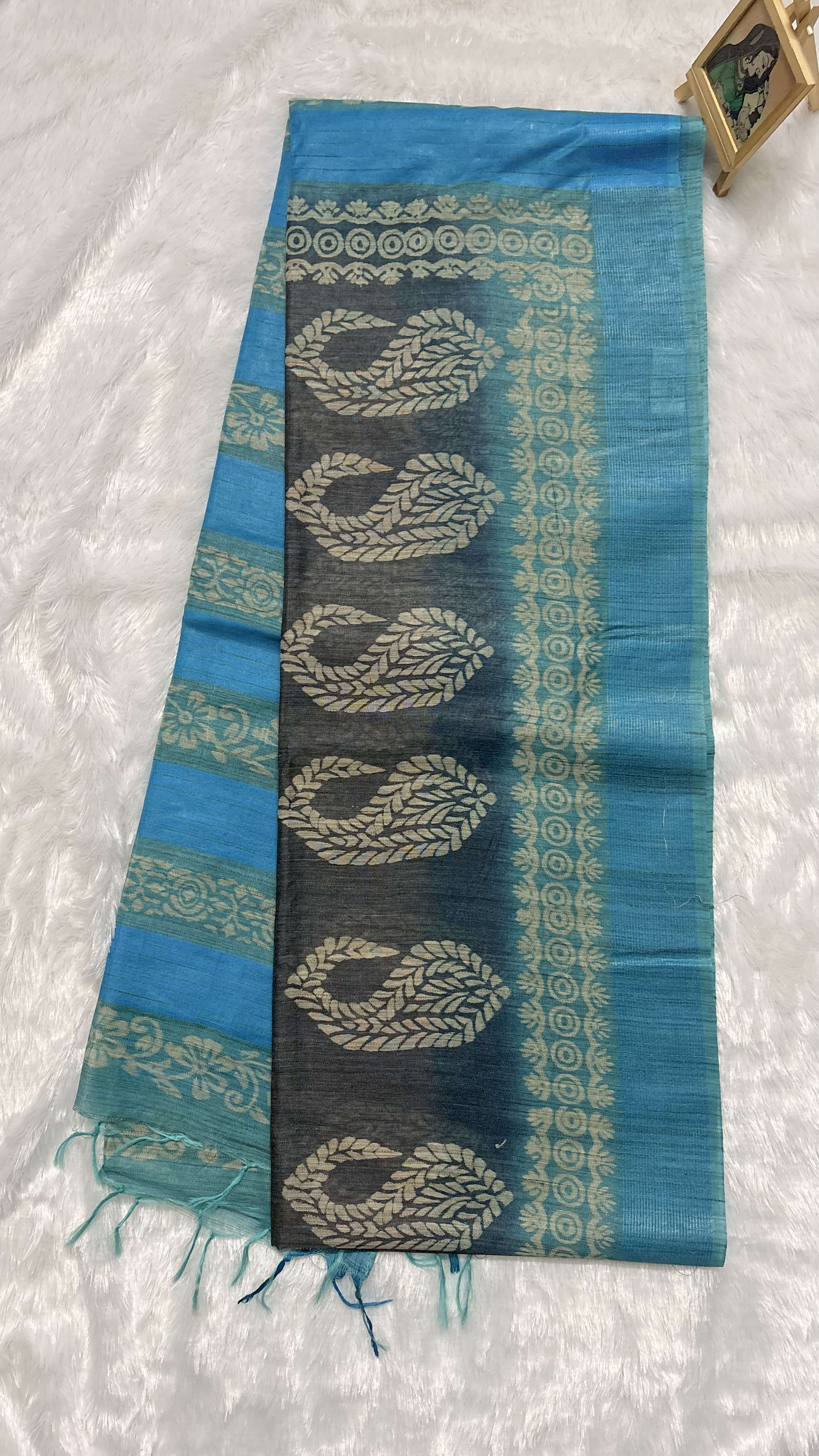 Semi tussar saree with block prints Grey and Blue — Black/Grey Chanderi Tussar saree