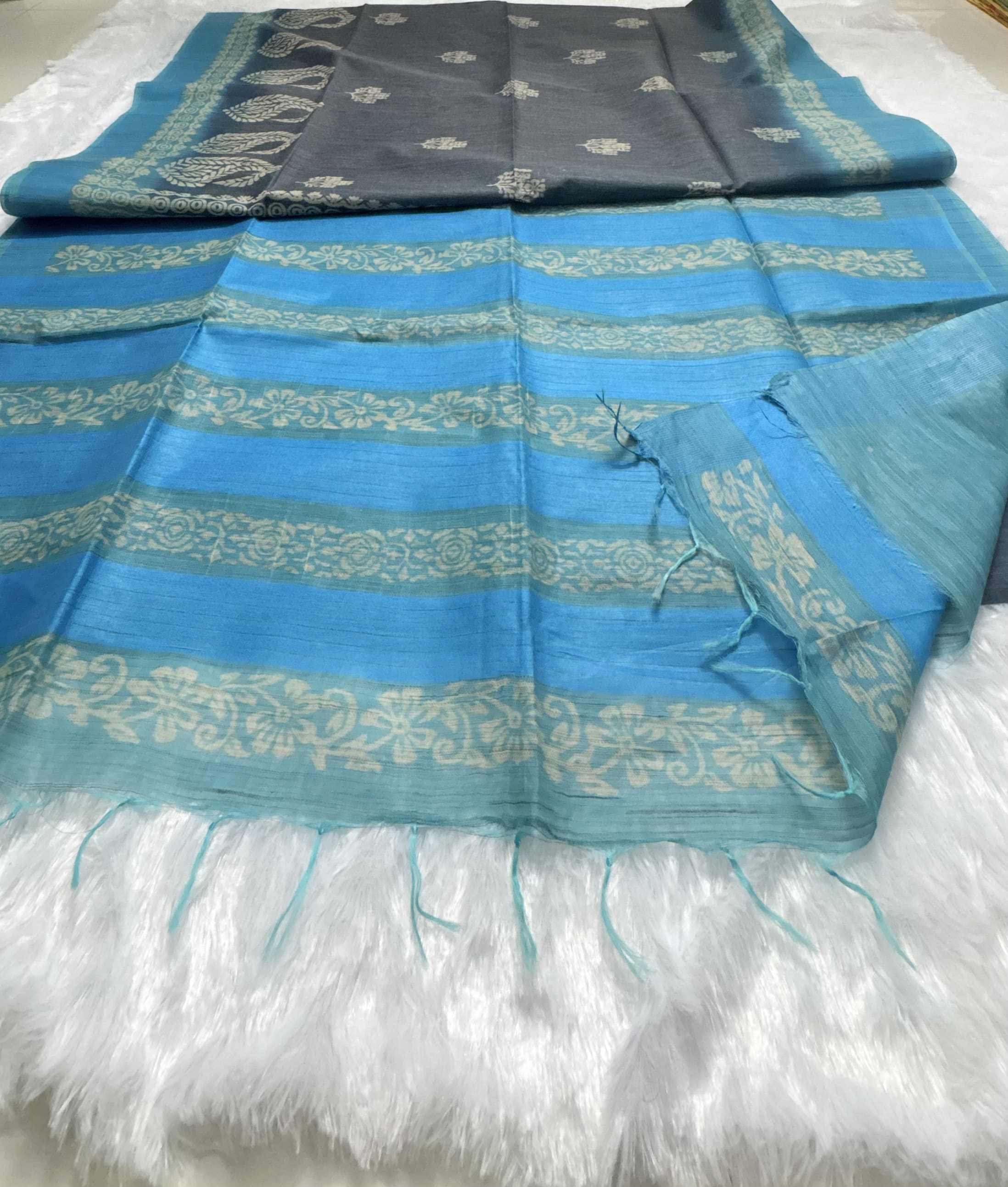 Semi tussar saree with block prints Grey and Blue — Black/Grey Chanderi Tussar saree