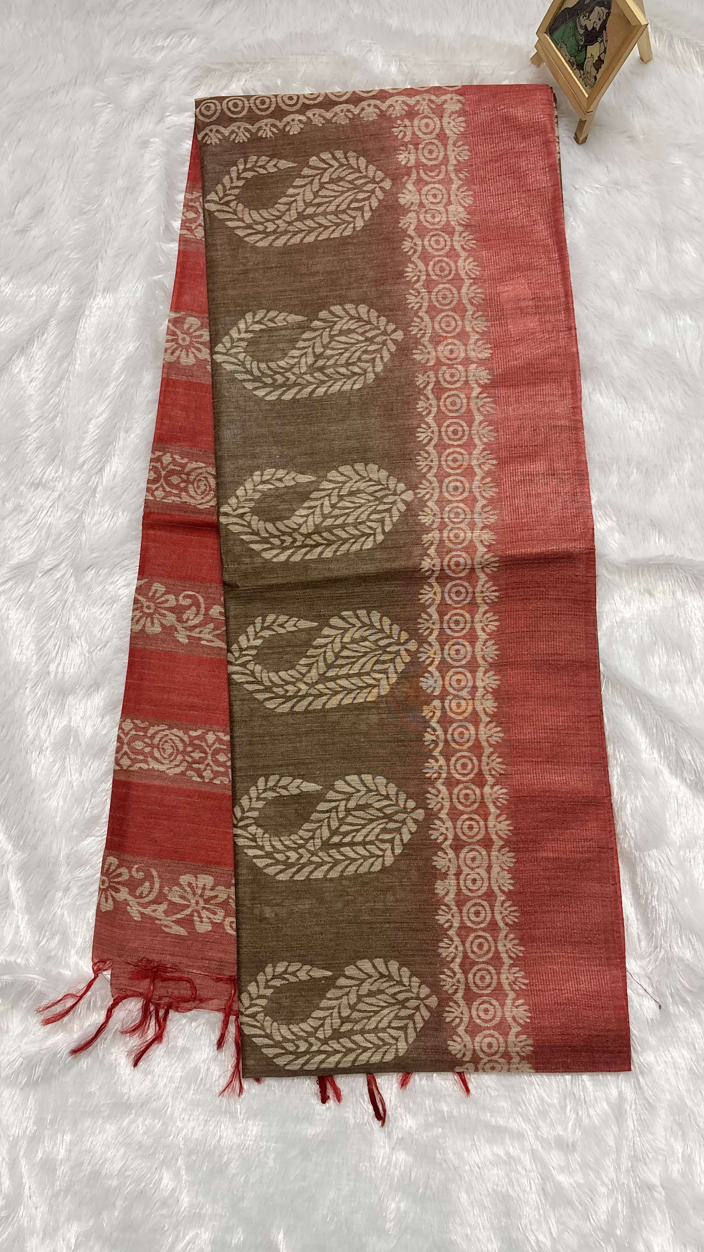 Semi tussar saree with block prints Brown and Orange — Brown Chanderi Tussar saree