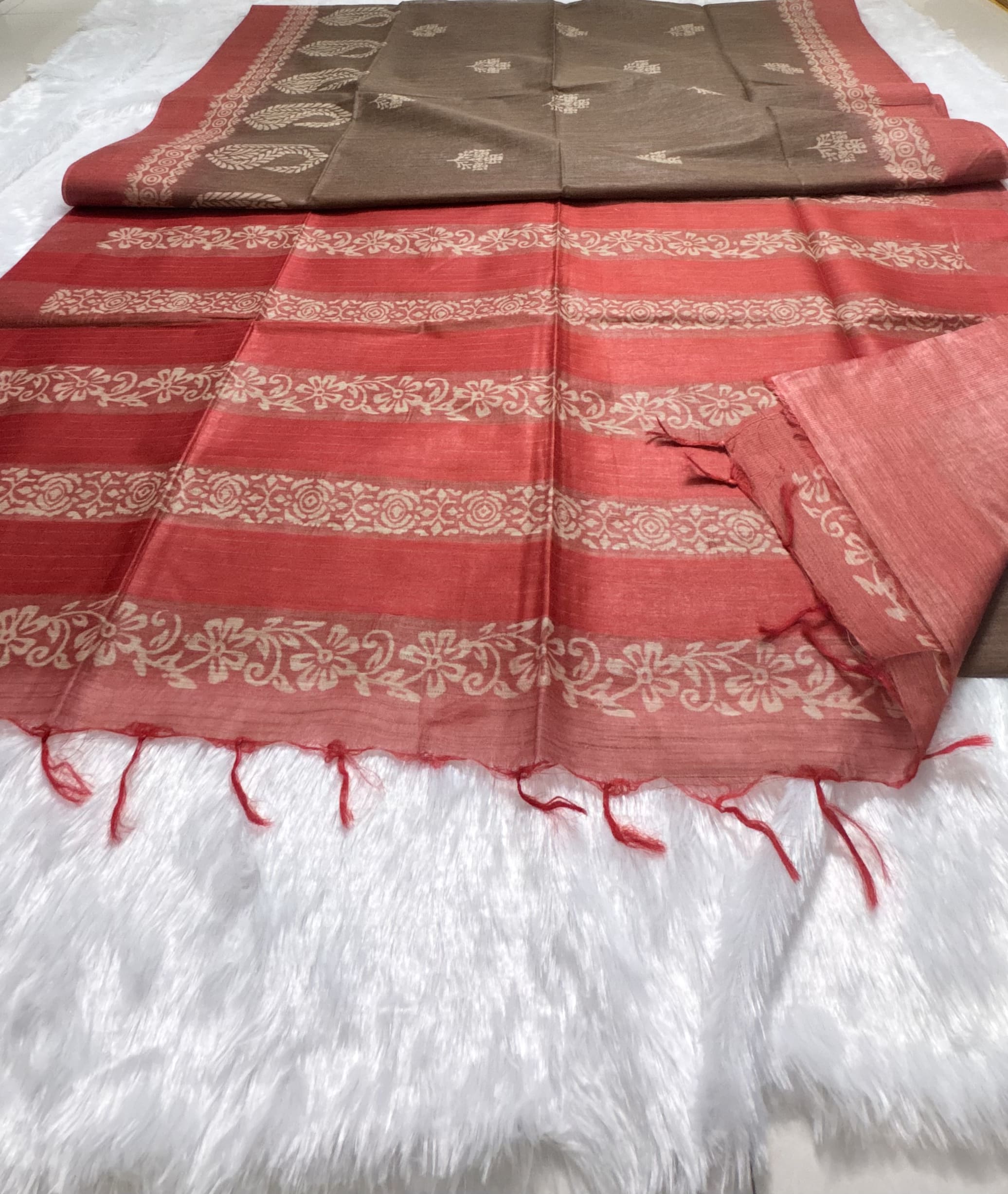 Semi tussar saree with block prints Brown and Orange — Brown Chanderi Tussar saree