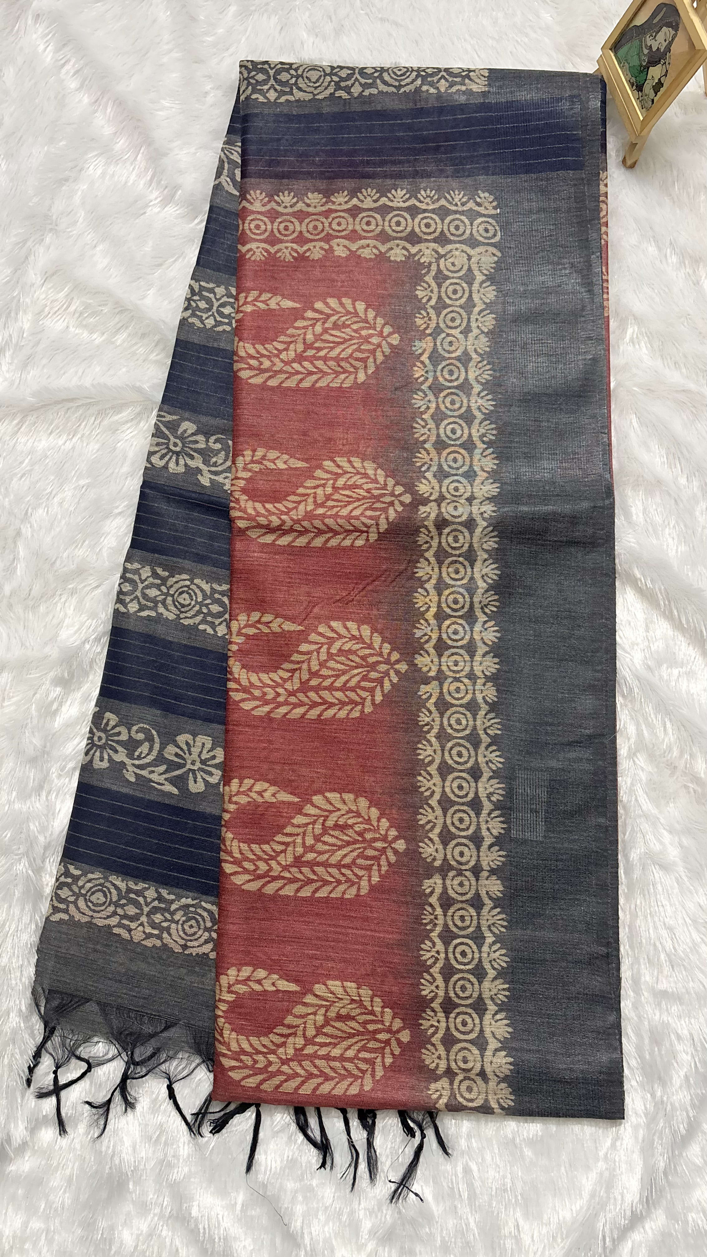 Semi tussar saree with block prints Pink and Blue — Pink/Peach Chanderi Tussar saree