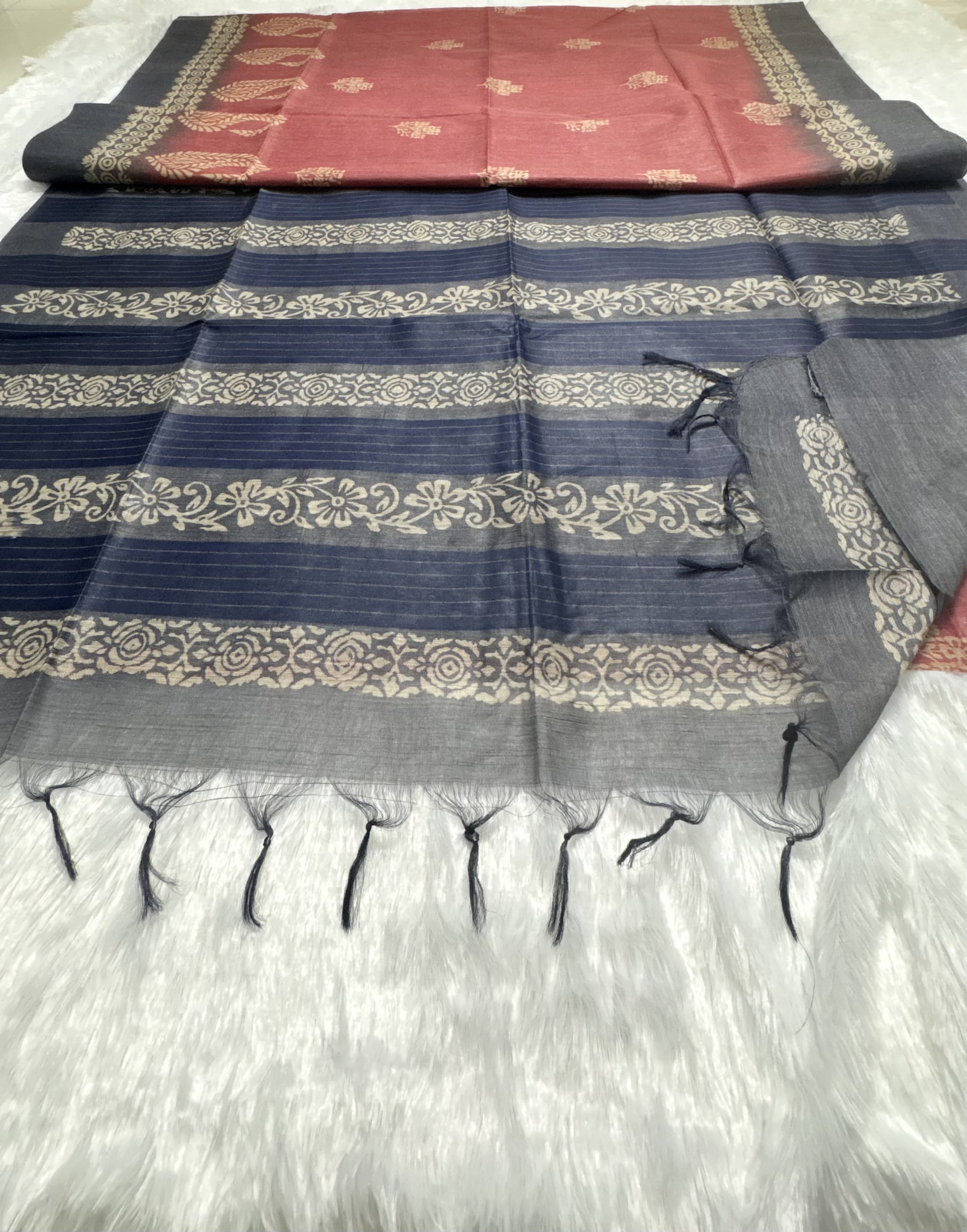 Semi tussar saree with block prints Pink and Blue — Pink/Peach Chanderi Tussar saree
