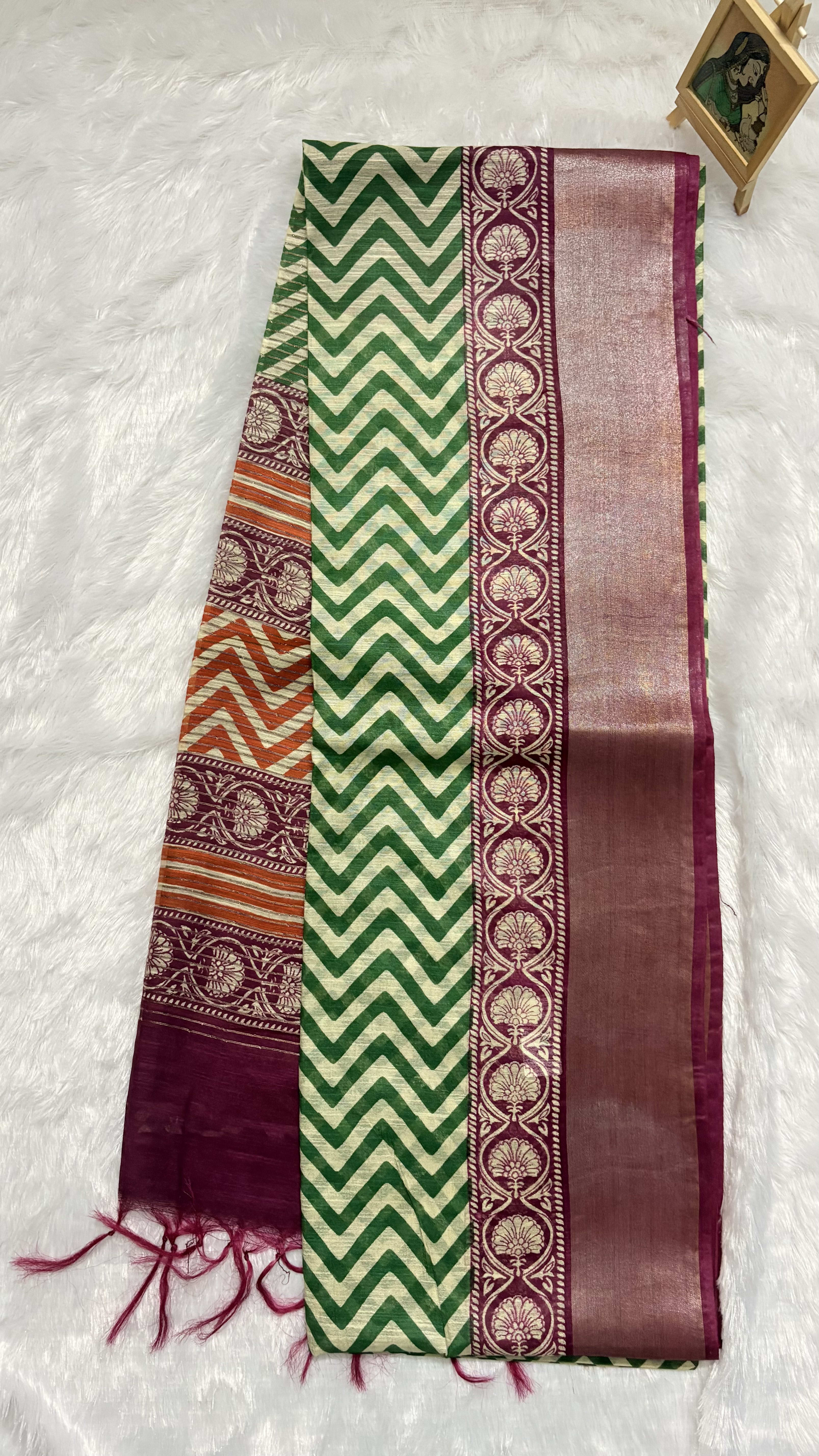 Soft Tussar sarees with Geometrical Prints Green and Maroon — Green Chanderi Tussar saree