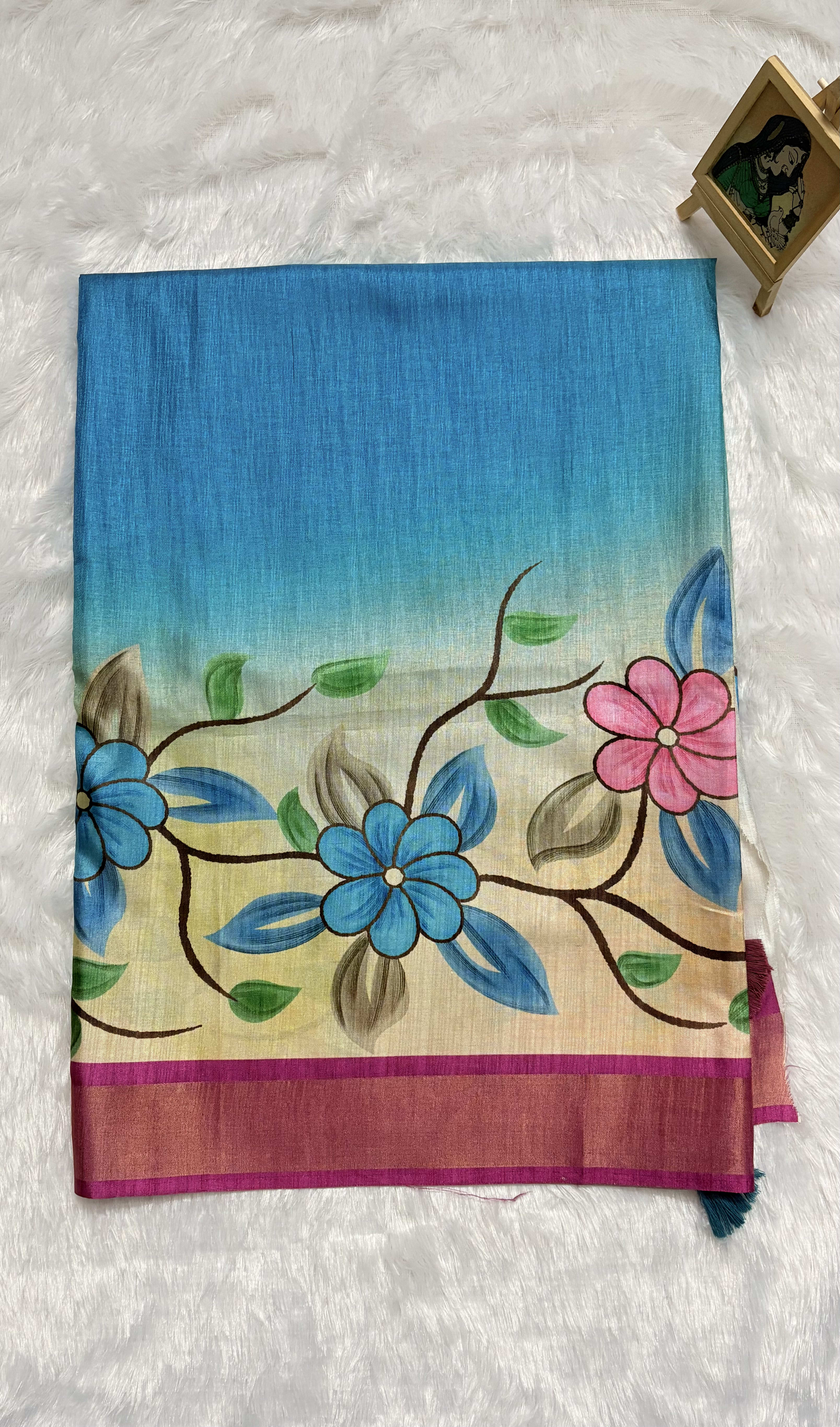 Raw silk saree with handpainted florals Blue and Pink — Blue Chanderi Raw Silk saree