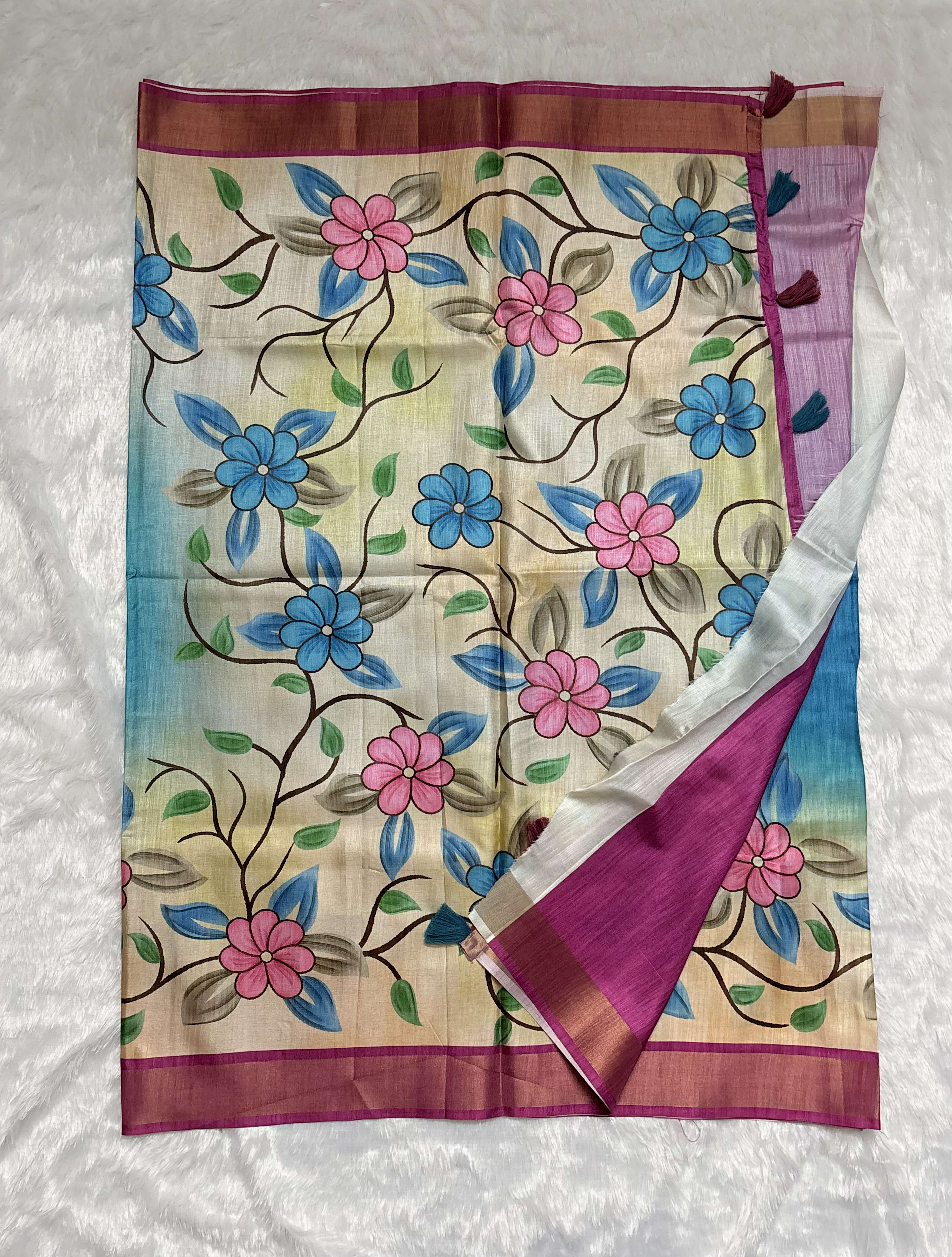 Raw silk saree with handpainted florals Blue and Pink — Blue Chanderi Raw Silk saree