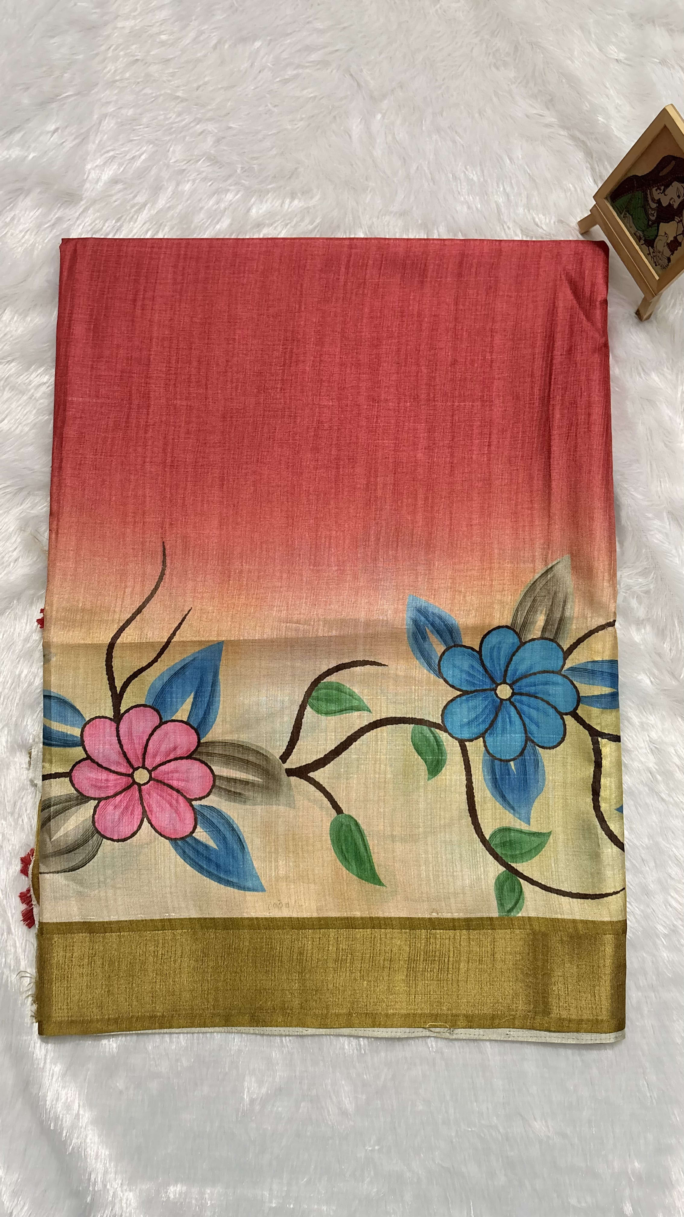Raw silk saree with handpainted florals Pink and Mustard — Pink/Peach Chanderi Raw Silk saree