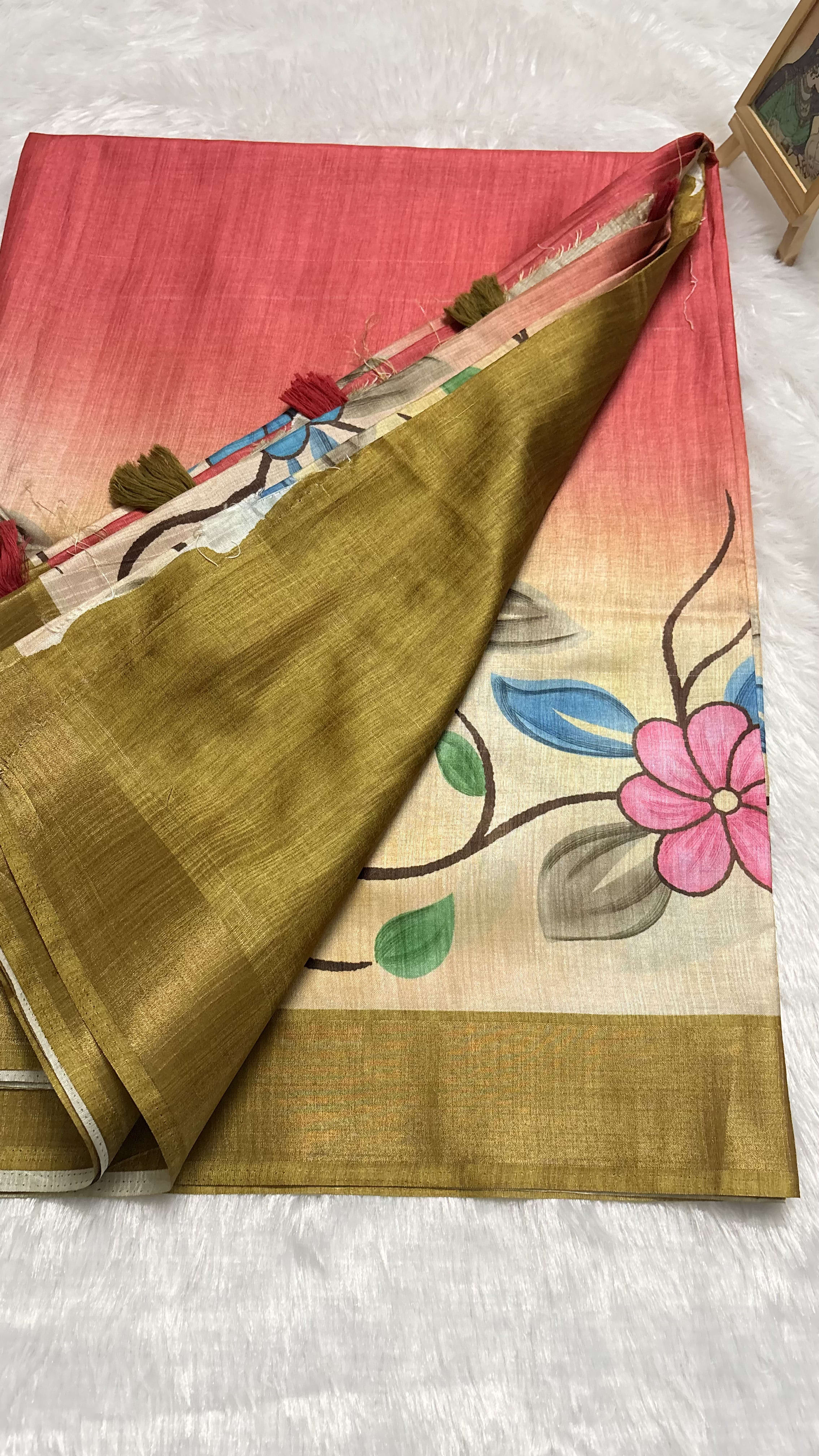 Raw silk saree with handpainted florals Pink and Mustard — Pink/Peach Chanderi Raw Silk saree