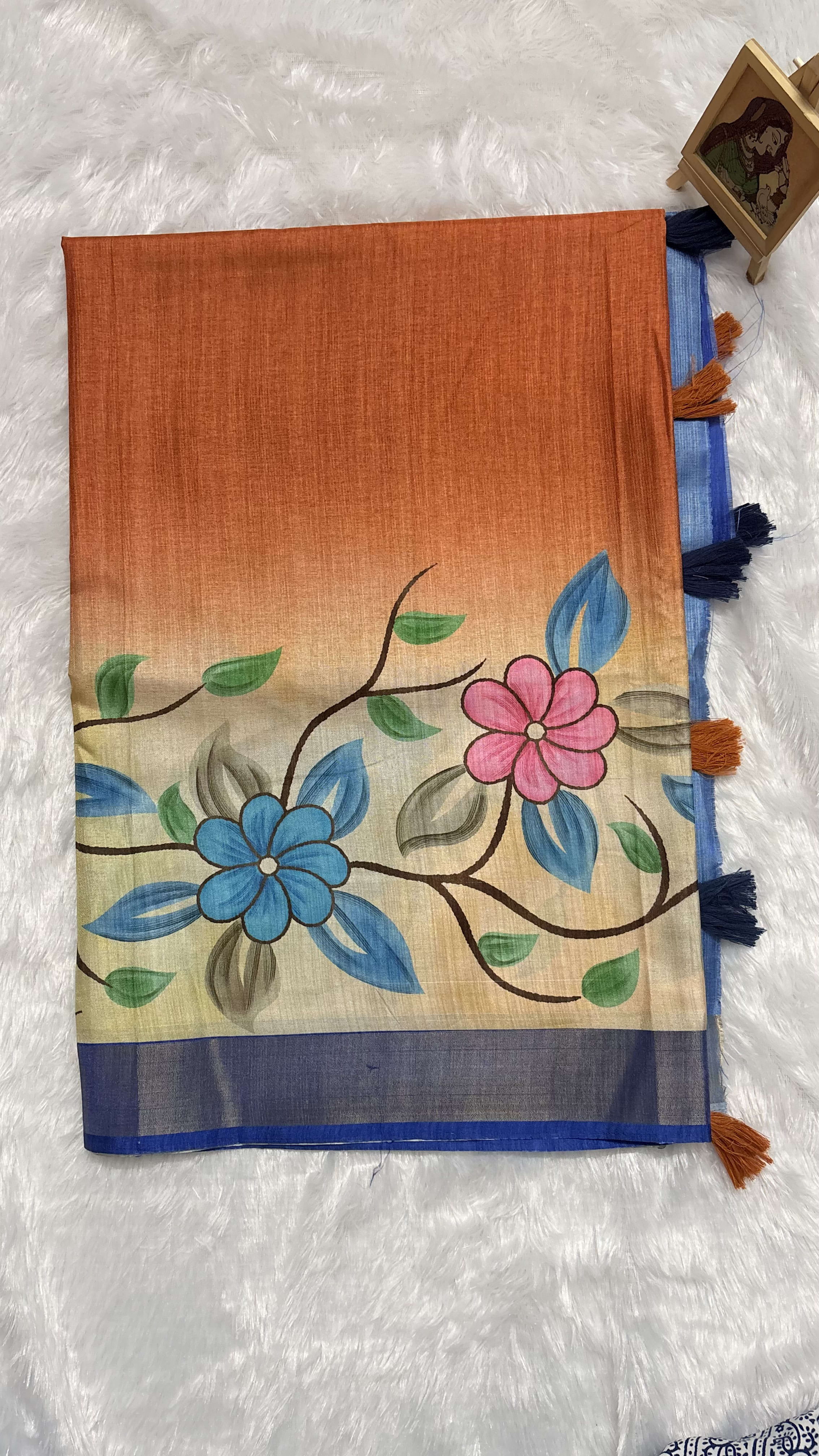Raw silk saree with handpainted florals Orange and Blue — Orange Chanderi Raw Silk saree