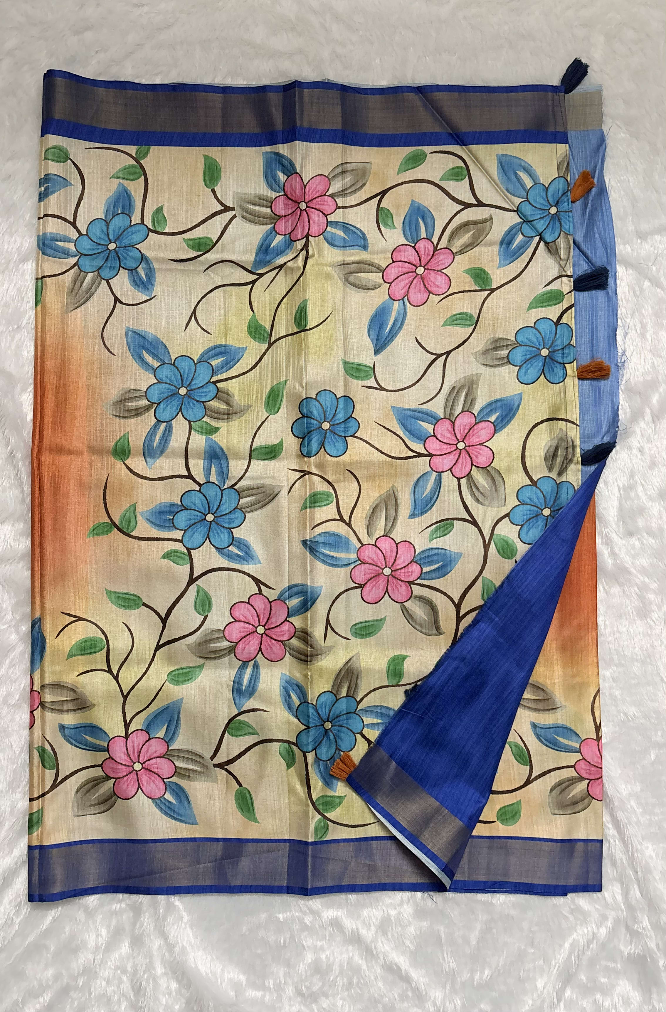 Raw silk saree with handpainted florals Orange and Blue — Orange Chanderi Raw Silk saree