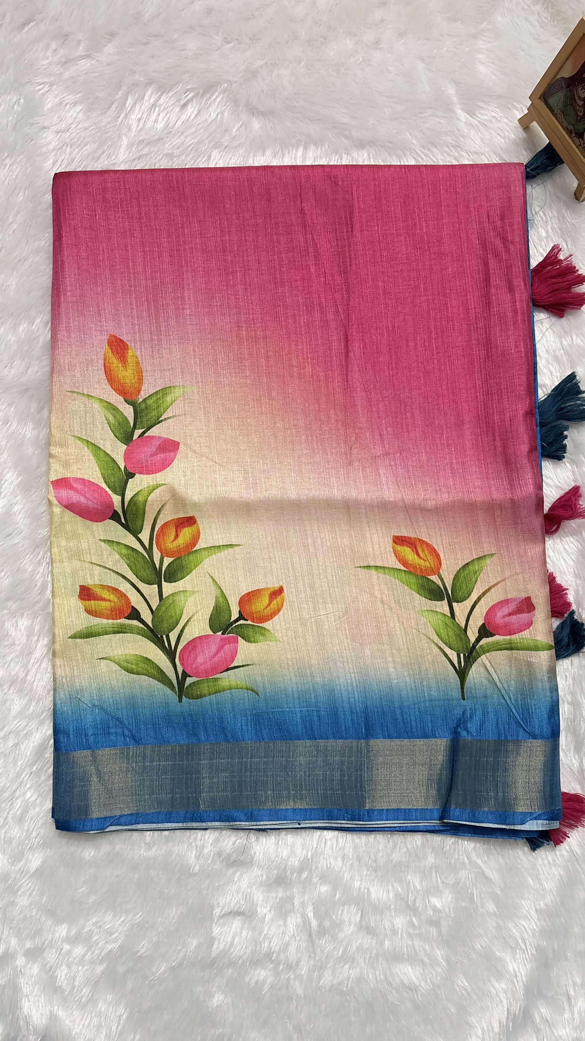Raw silk saree with handpainted Tulips Pink and Blue — Pink/Peach Chanderi Raw Silk saree