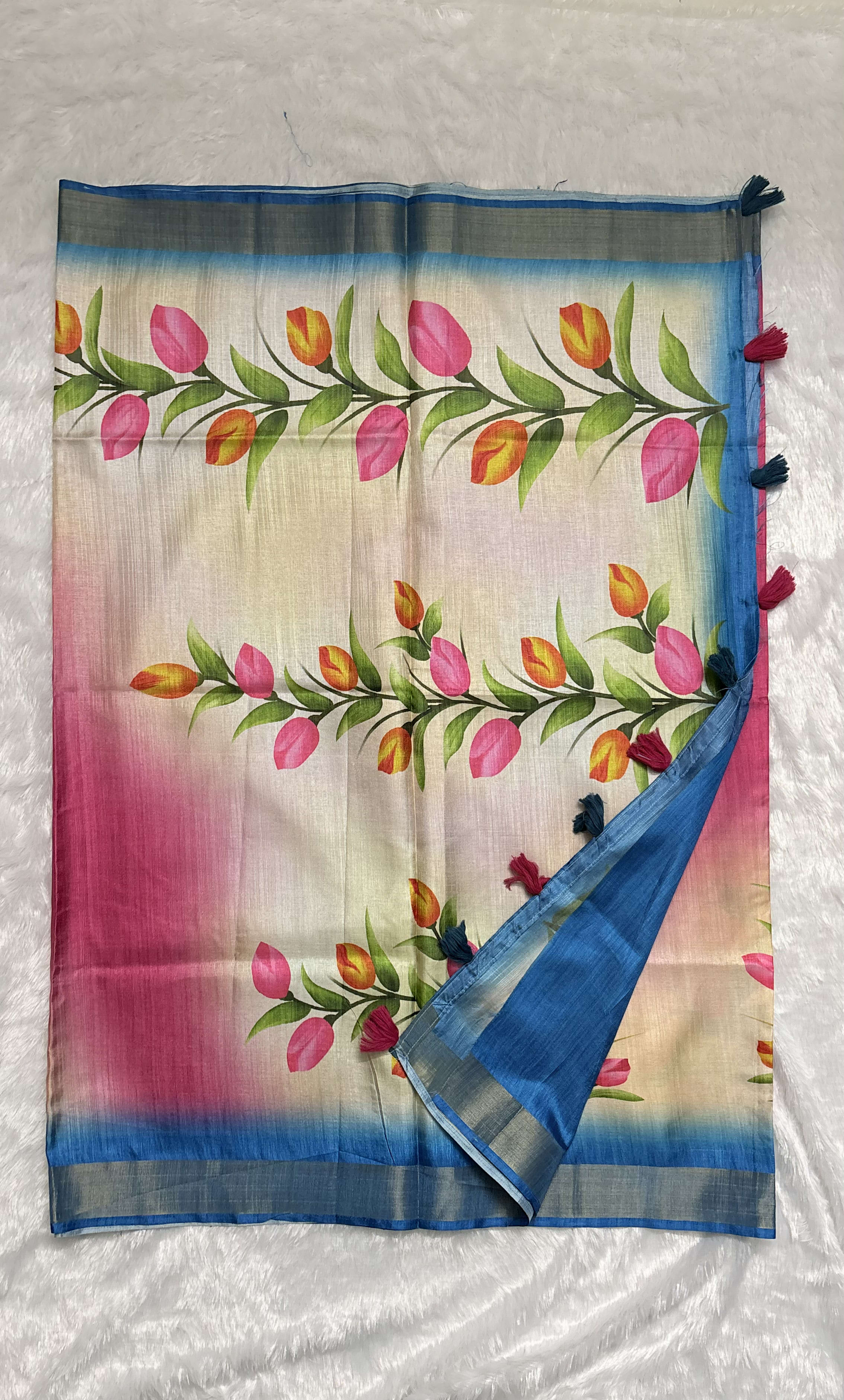 Raw silk saree with handpainted Tulips Pink and Blue — Pink/Peach Chanderi Raw Silk saree