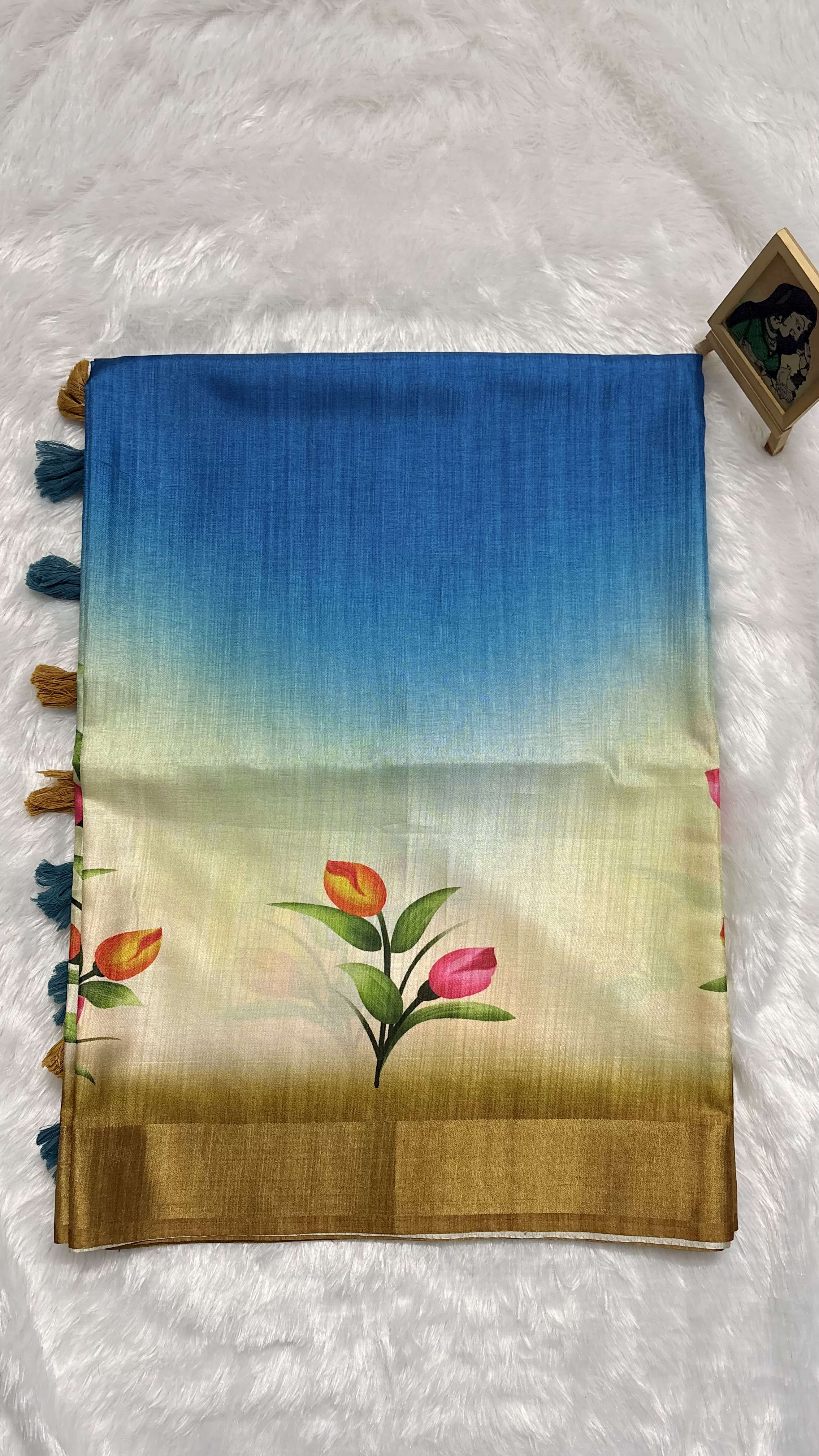 Raw silk saree with handpainted Tulips Blue and Mustard — Blue Chanderi Raw Silk saree