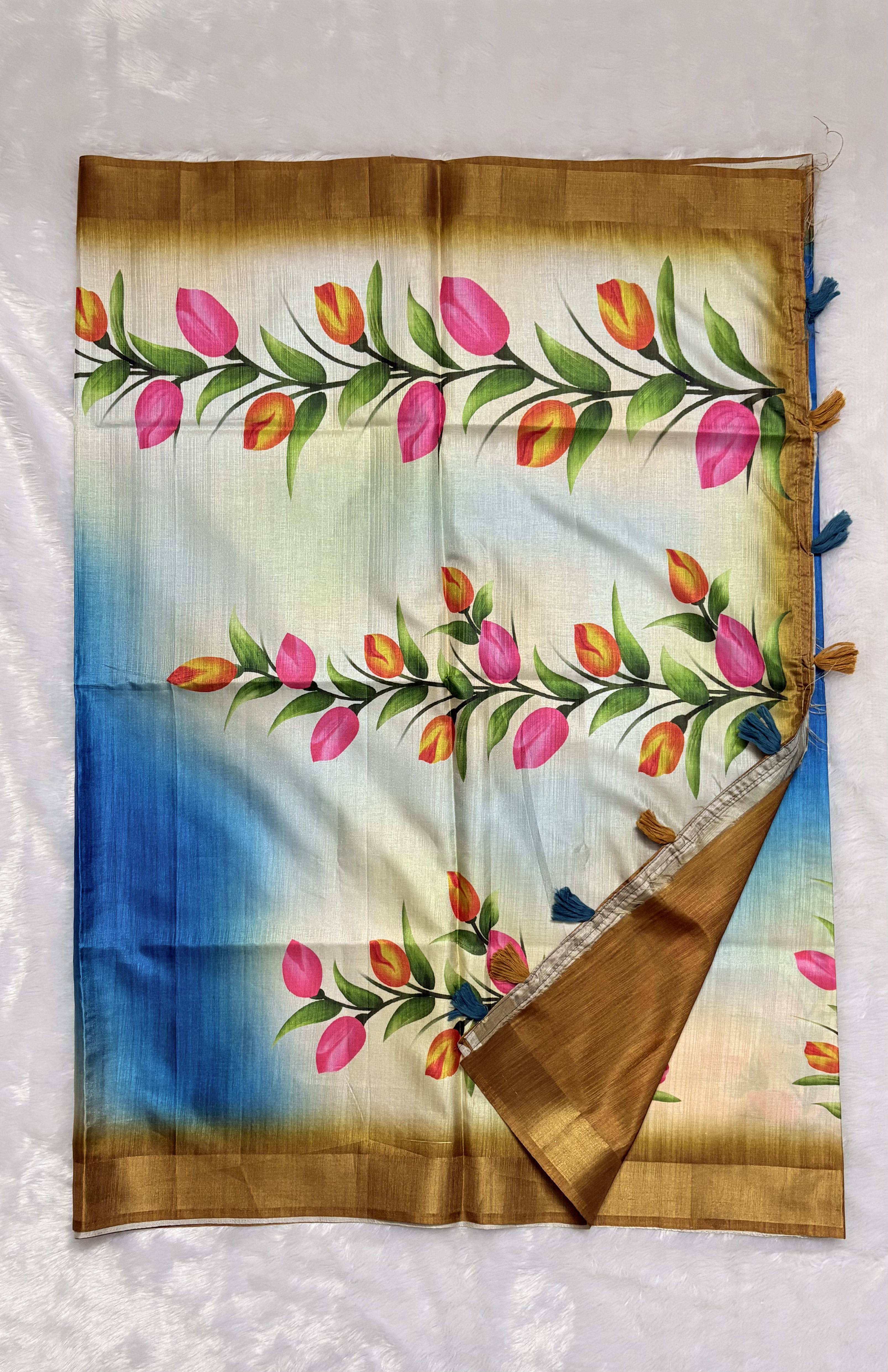 Raw silk saree with handpainted Tulips Blue and Mustard — Blue Chanderi Raw Silk saree