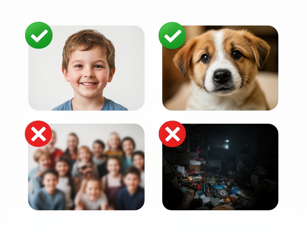 Visual guide showing good photos vs bad photos for coloring page conversion