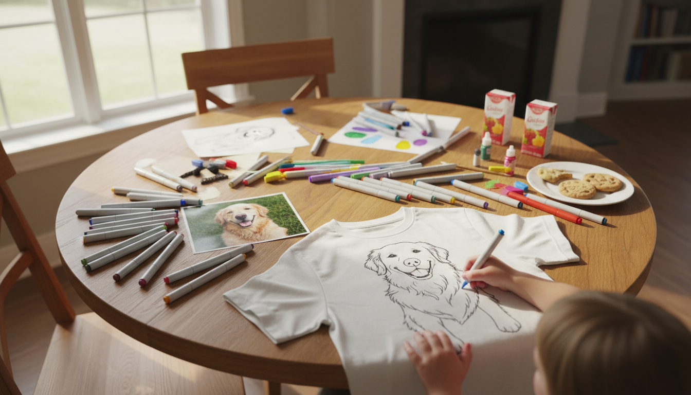 A child coloring a dog outline on a white t-shirt with fabric markers at a cozy craft table