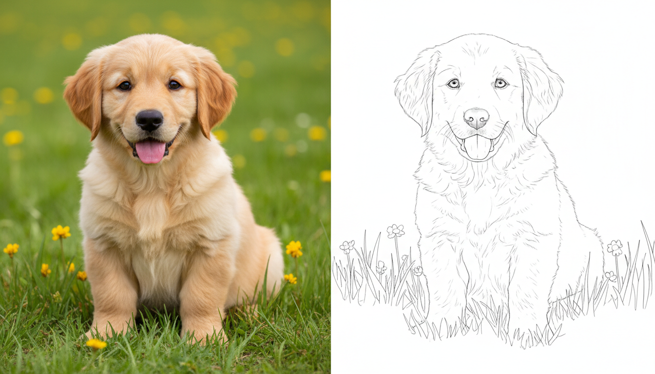 Before and after: a photo of a golden retriever puppy converted into a coloring page outline