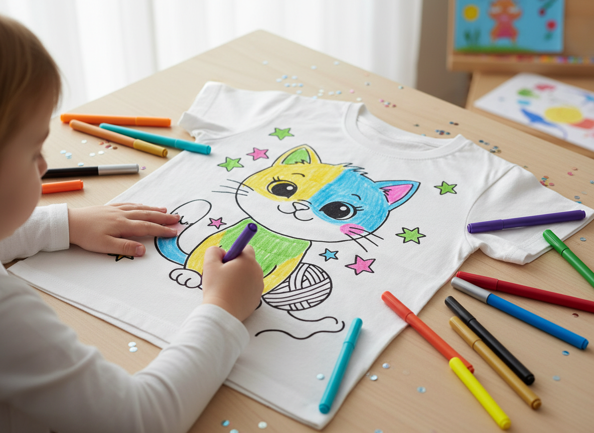 A child coloring a cartoon cat design on a white t-shirt with colorful fabric markers
