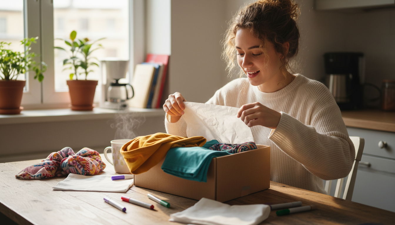 Creator opening a PR package at a kitchen table with colorful products and fabric markers
