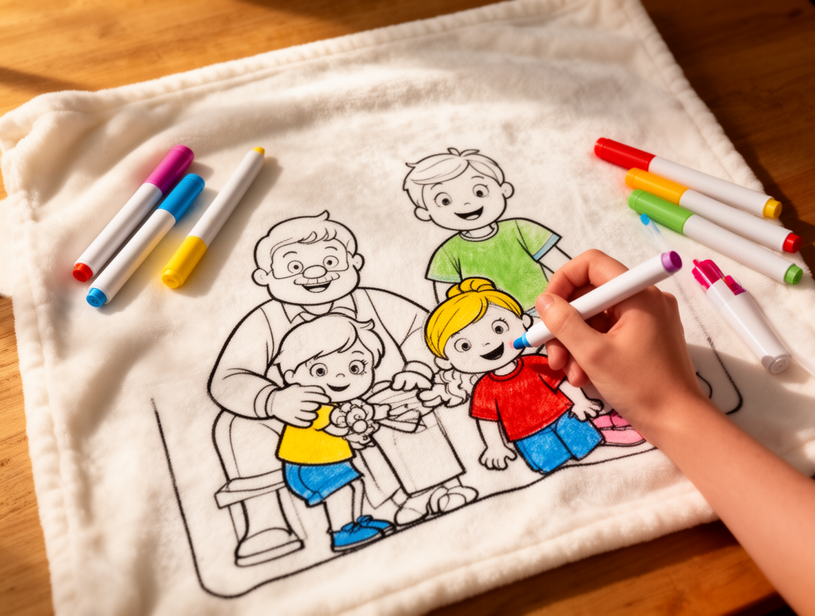 Hands coloring a custom printed blanket with fabric markers, partially colored cartoon design visible