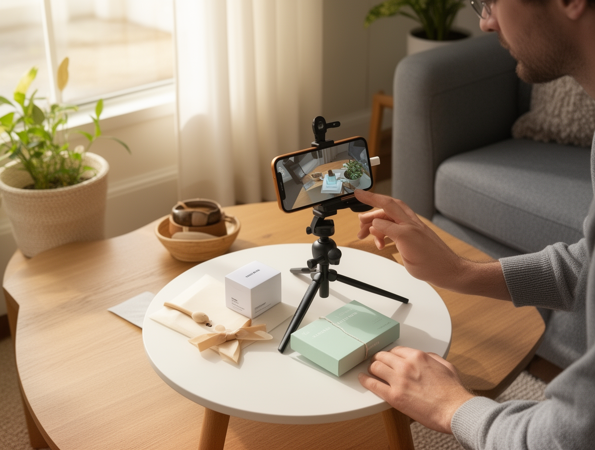 Creator filming a product review setup with phone on tripod