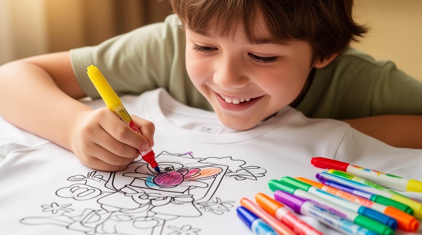 Child drawing on a white t-shirt with colorful fabric markers - do sharpies wash out of clothes