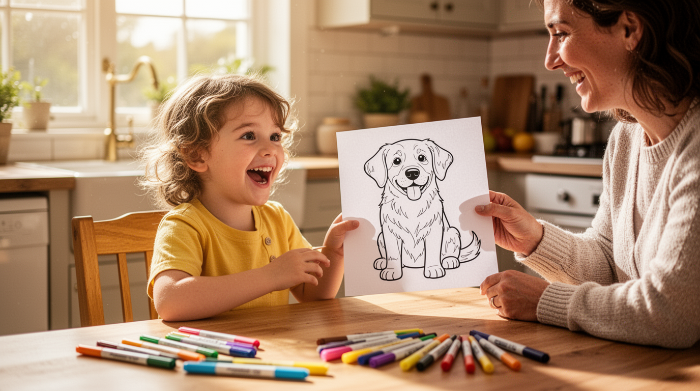 Child excitedly showing a coloring page to a parent at a kitchen table with markers scattered around