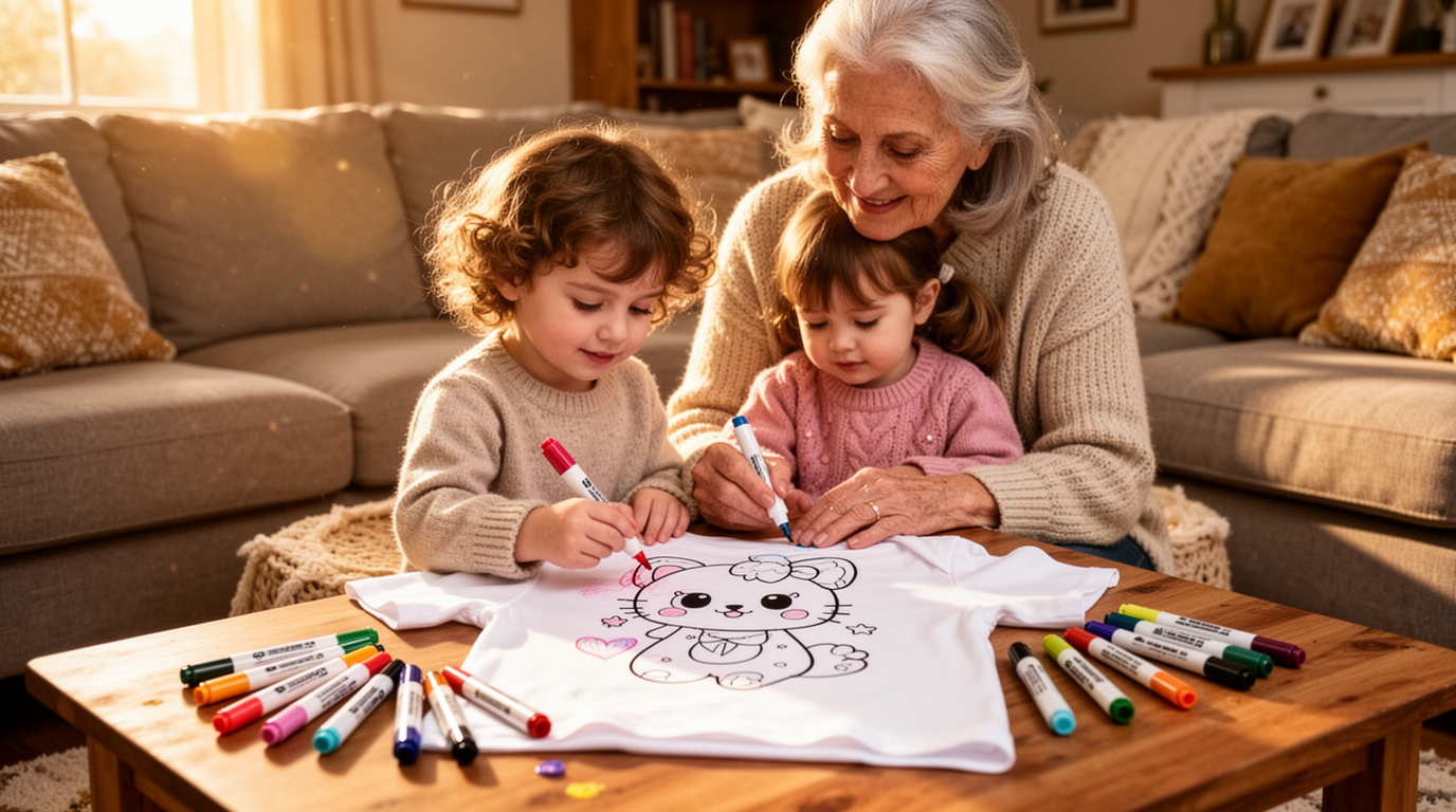 Grandmother and grandchild sitting together coloring a t-shirt with fabric markers in a cozy living room