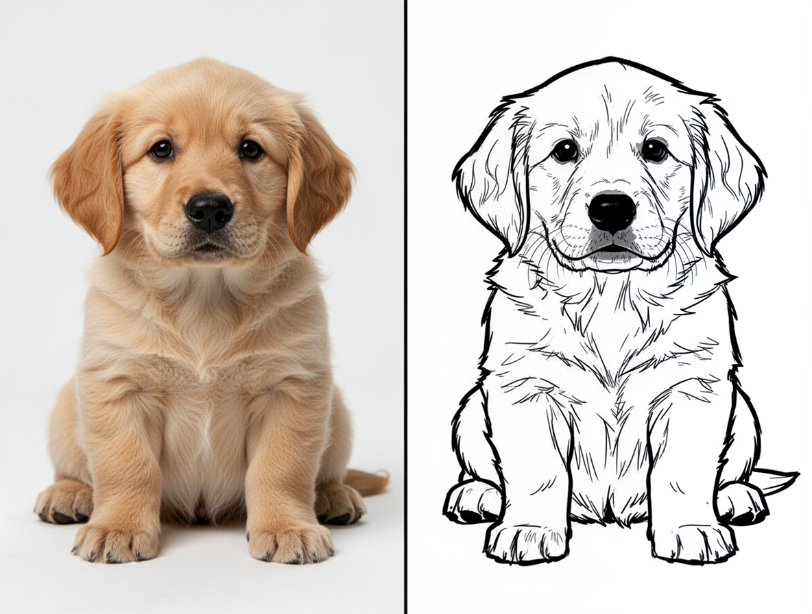 Before and after comparison: a color photo of a golden retriever puppy on the left, transformed into clean coloring page line art on the right