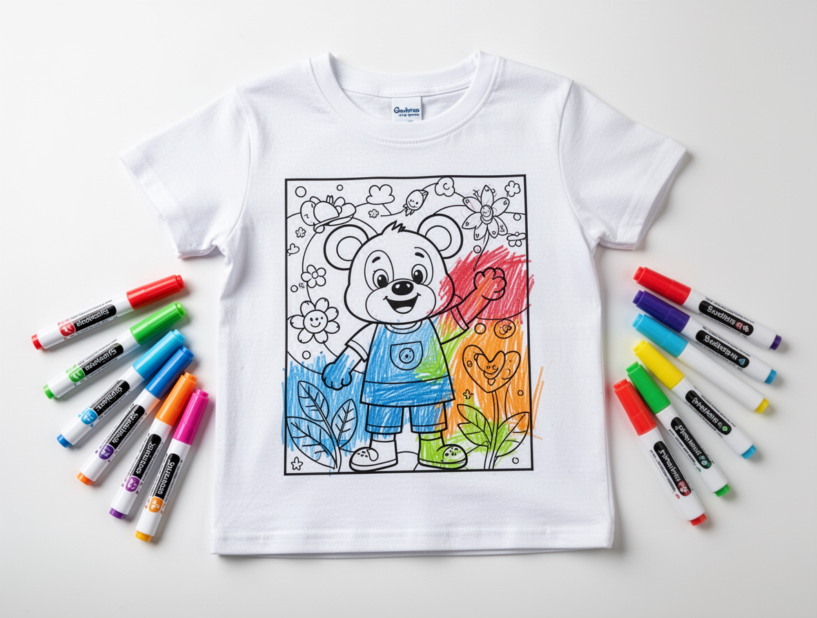 Flat lay of a white t-shirt with a coloring page design partially colored in with fabric markers