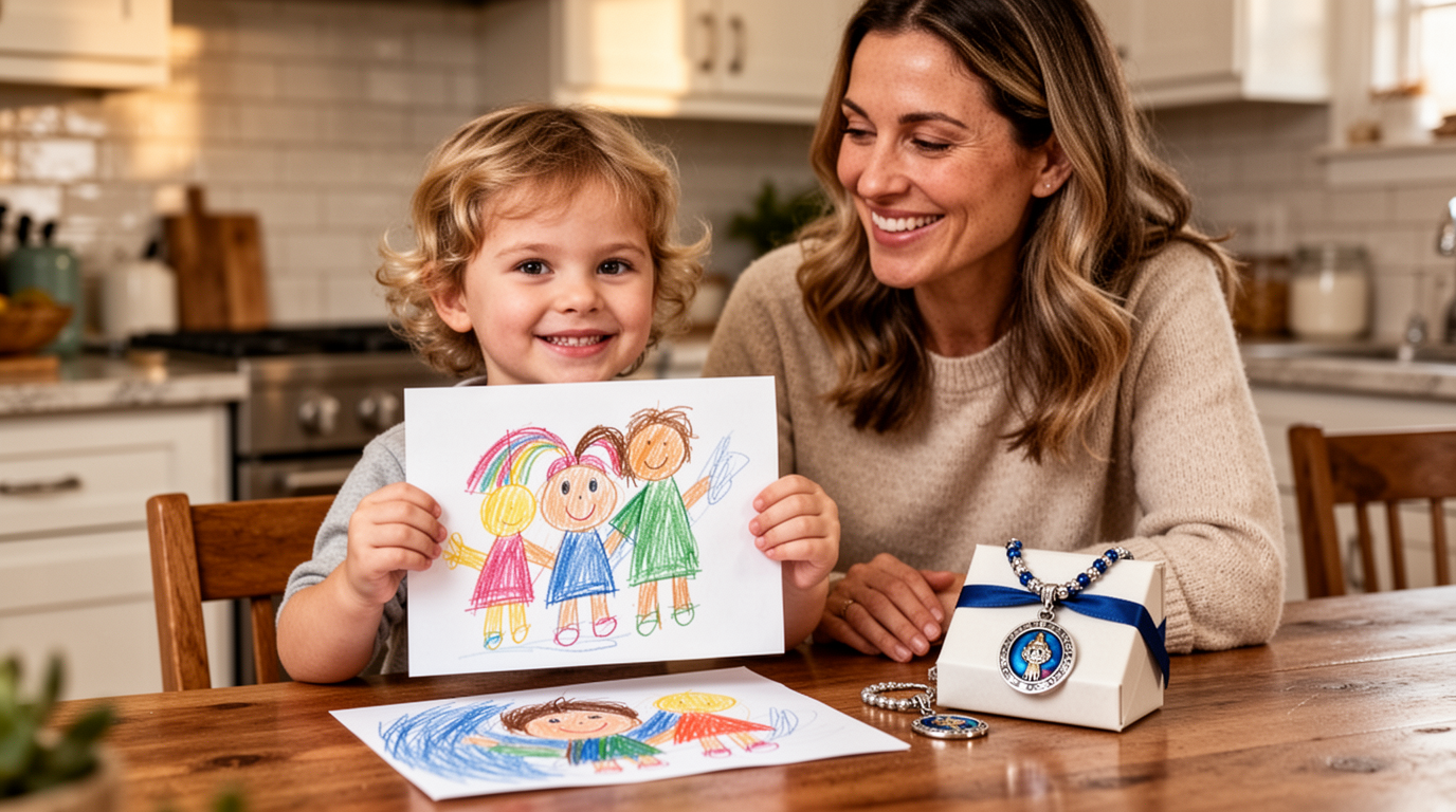 Child's drawing beside a Mother's Day gift setup