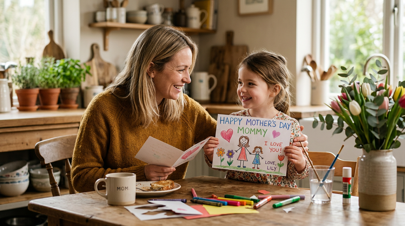 Mom smiling as her child shows a handmade Mother's Day drawing at a kitchen table