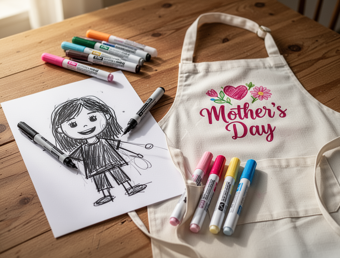 Child's drawing beside a personalized apron and fabric markers on a wooden table