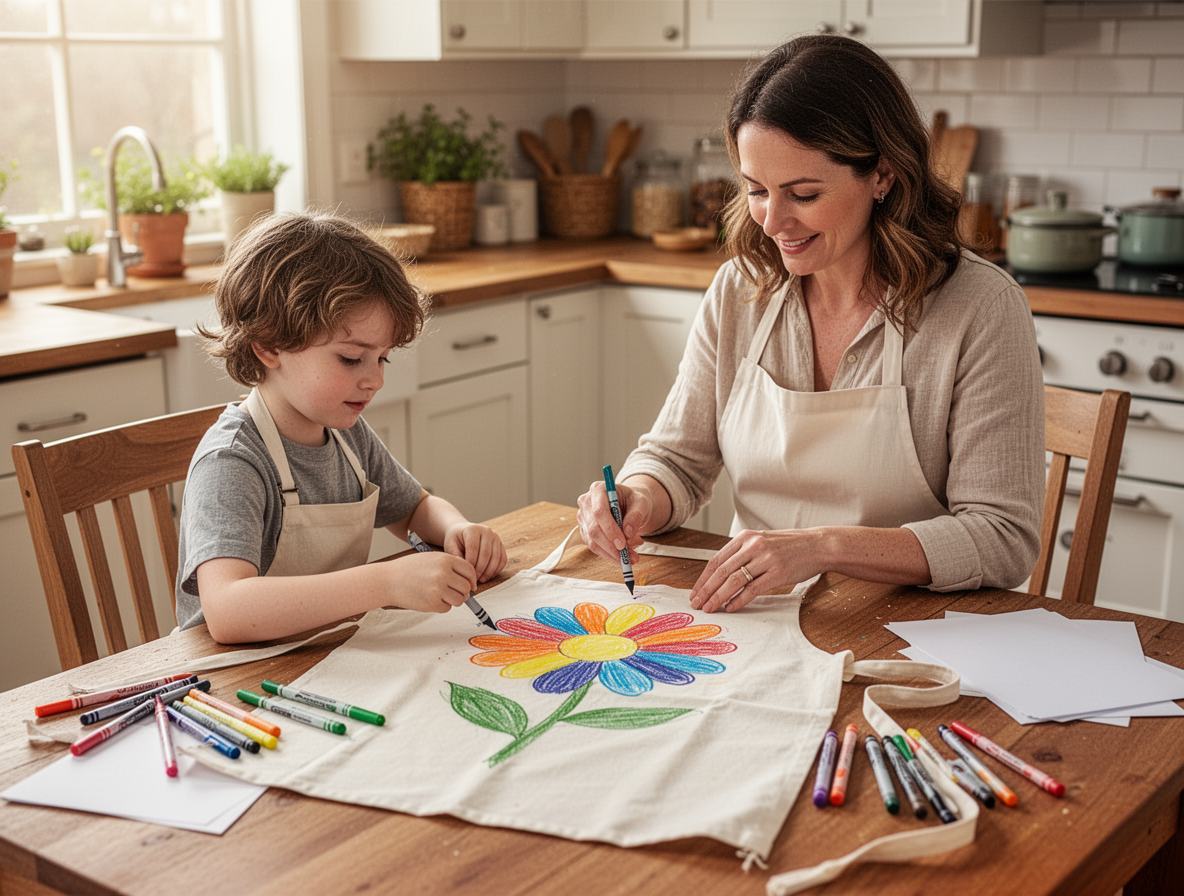 Mother and child working on a homemade Mother's Day keepsake gift at a kitchen table