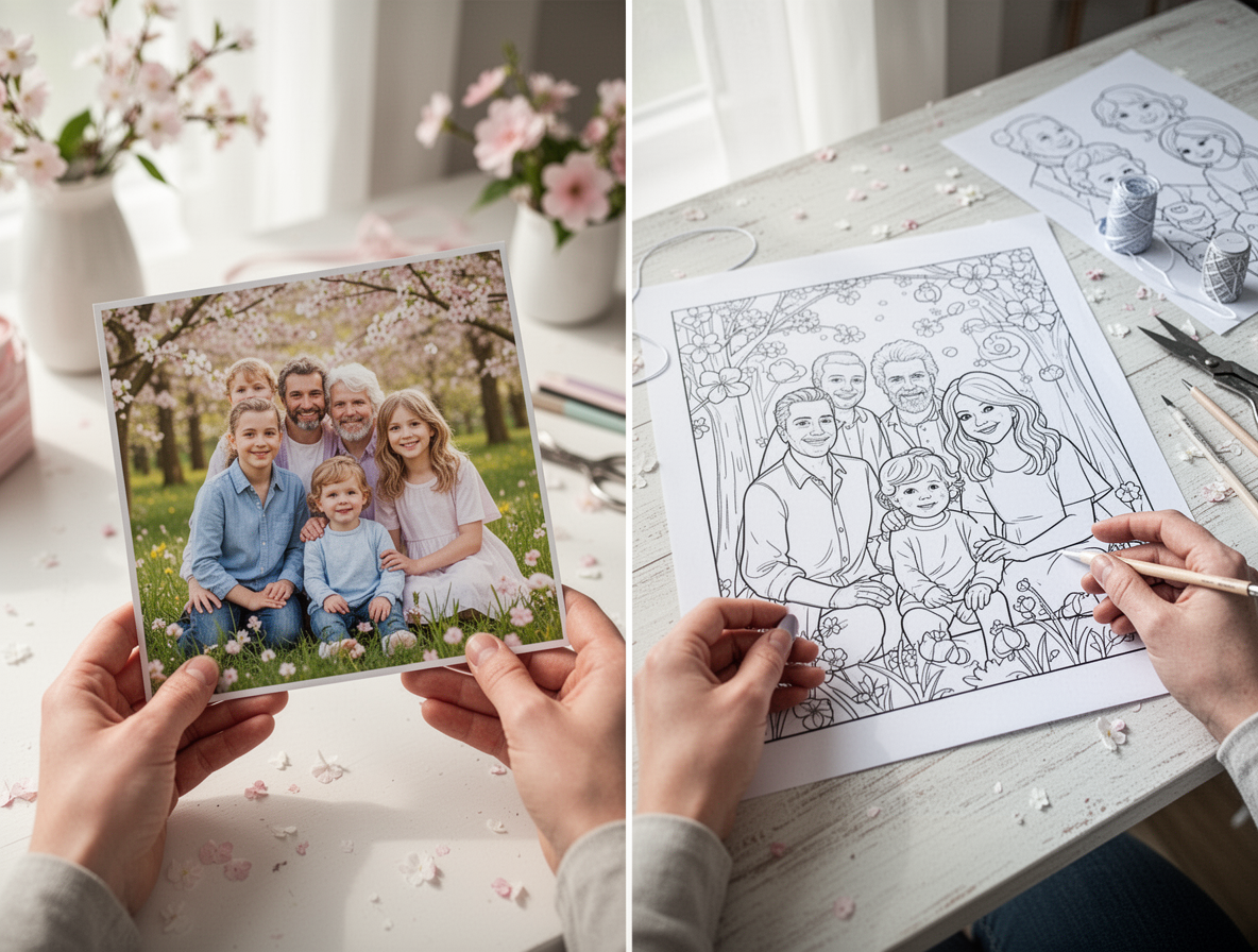 Family photo transformed into a black and white coloring page for a Mother's Day gift