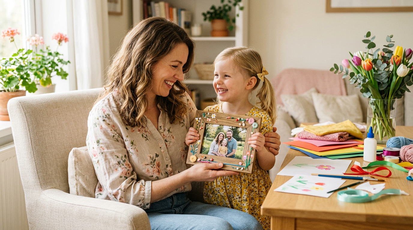 Child giving mom a personalized Mother's Day photo gift in a warm home setting