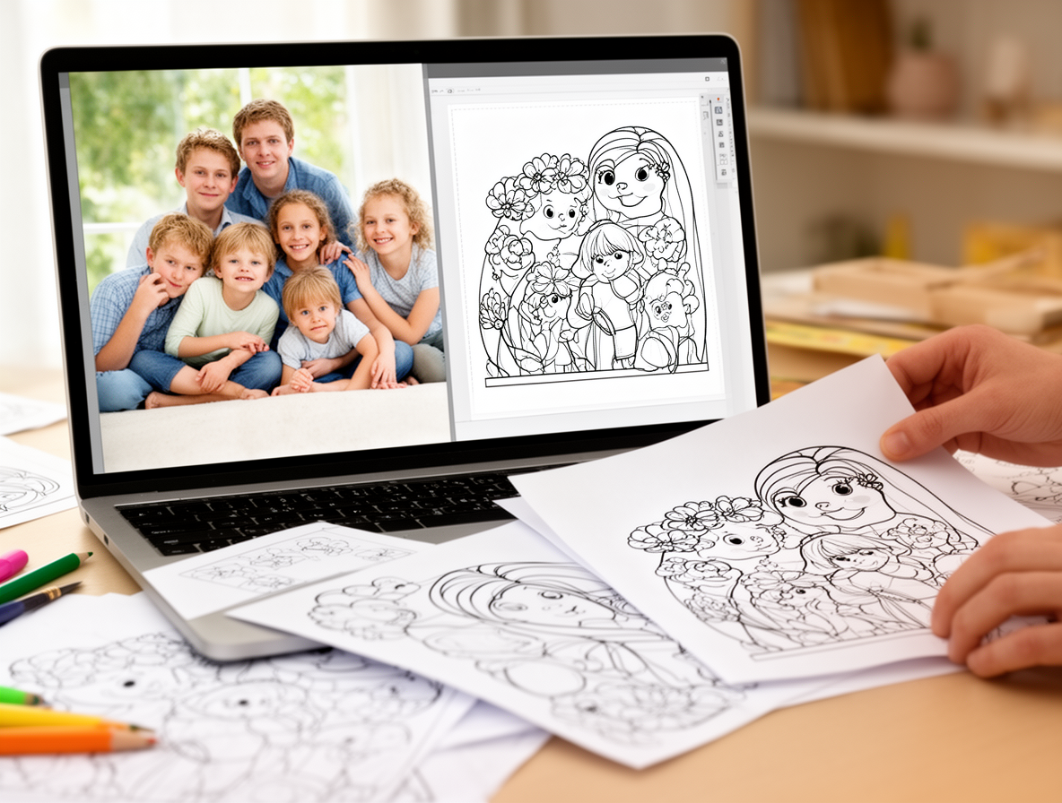 Side-by-side view of a family photo being turned into a printable coloring book page on a laptop screen