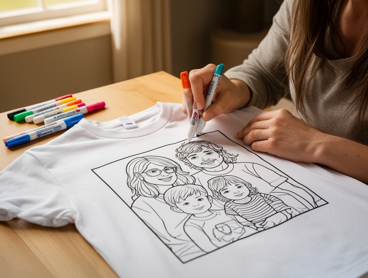 Child coloring a shirt made from a family photo coloring page with fabric markers on a table