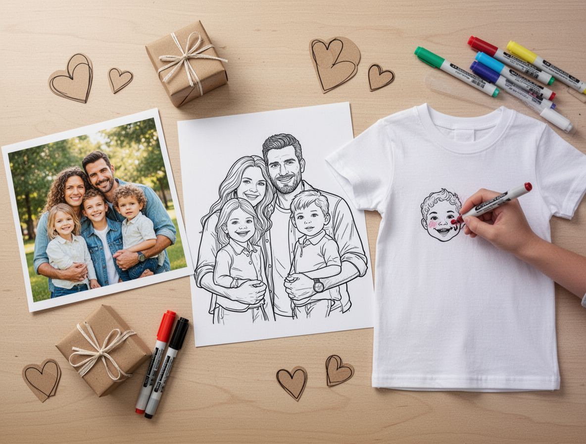 Father's Day craft table showing a photo, coloring page concept, and custom kids shirt with fabric markers