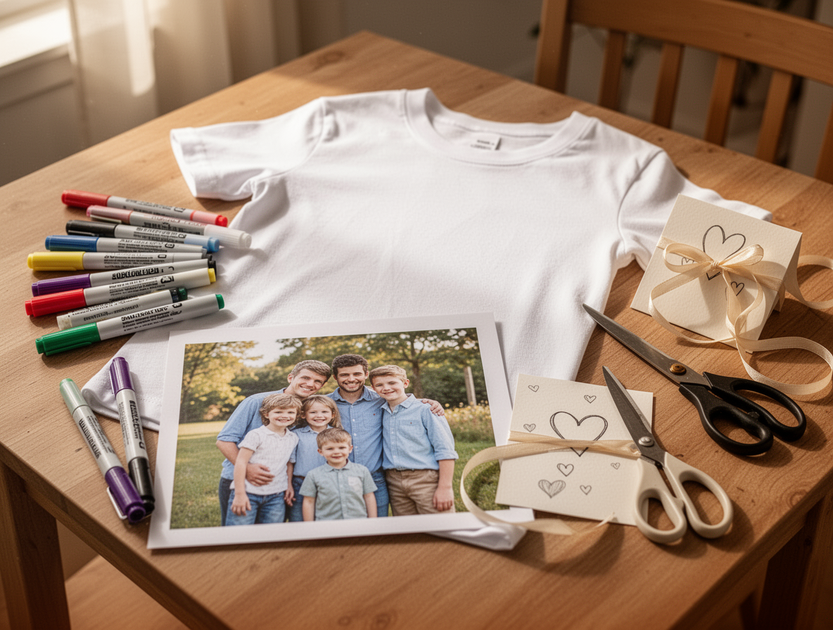 Father's Day photo craft supplies with fabric markers, a kids shirt, and a family photo
