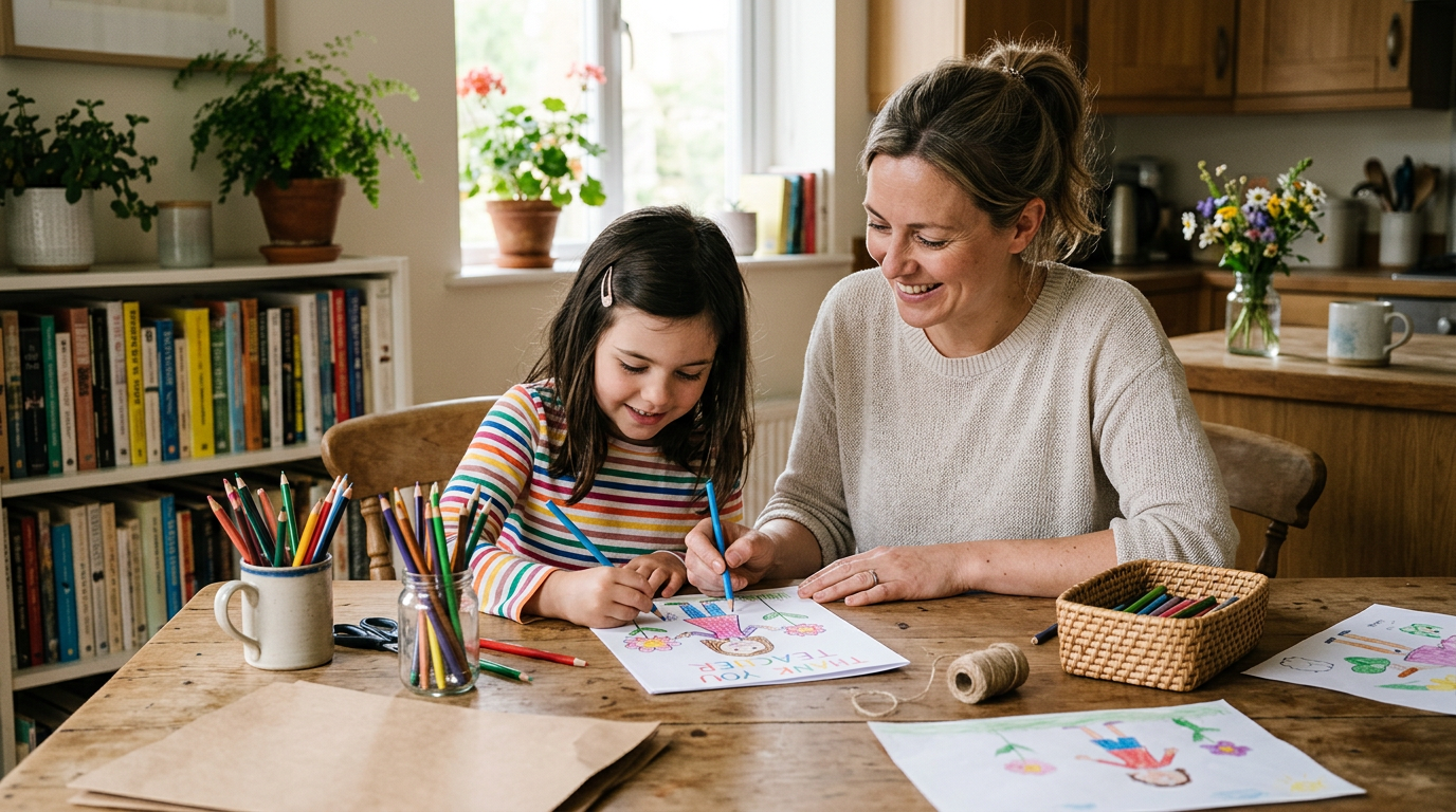 Parent and child preparing a personalized end-of-year teacher gift from a drawing