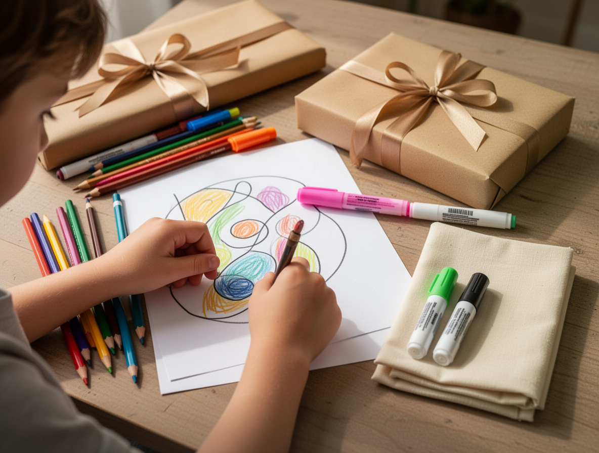 Child coloring a drawing beside wrapped teacher gifts and fabric markers