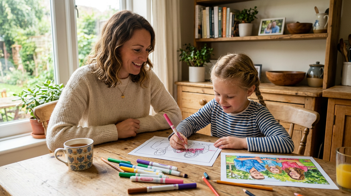 Mom and child at kitchen table with printed coloring page from a family photo, fabric markers nearby, warm lifestyle scene