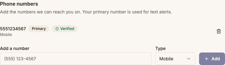 LeaseRooster tenant portal showing the phone number marked Verified after the tenant entered the code and checked the consent box.