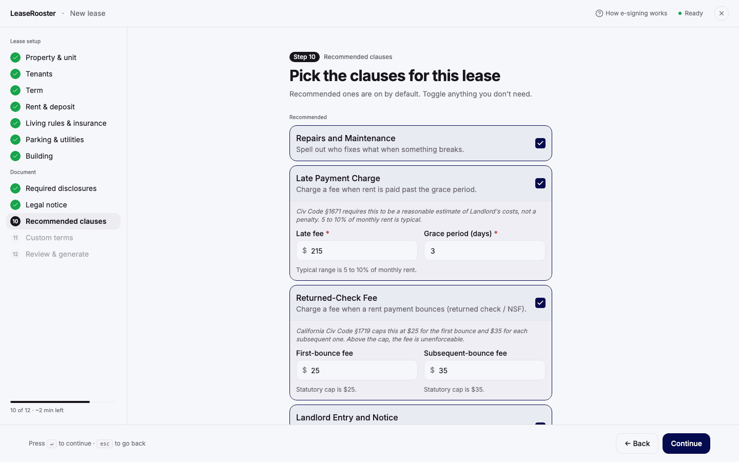 Step 10 of the lease wizard, the recommended clauses list, with the late payment charge and returned check fee clauses expanded to show their fee fields.