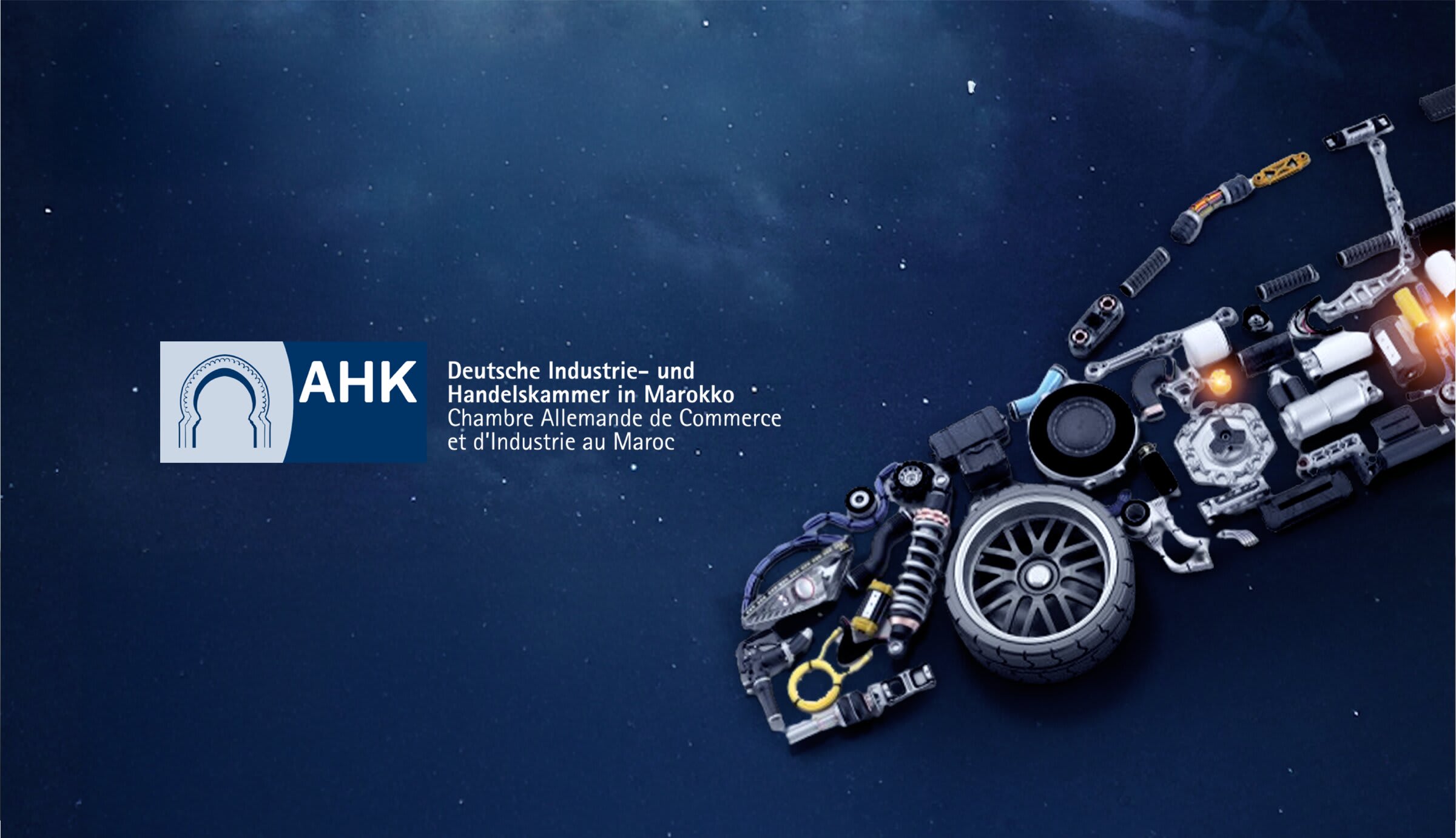 AHK Maroc — logo de la Chambre Allemande de Commerce et d'Industrie au Maroc sur fond bleu nuit avec pièces automobiles