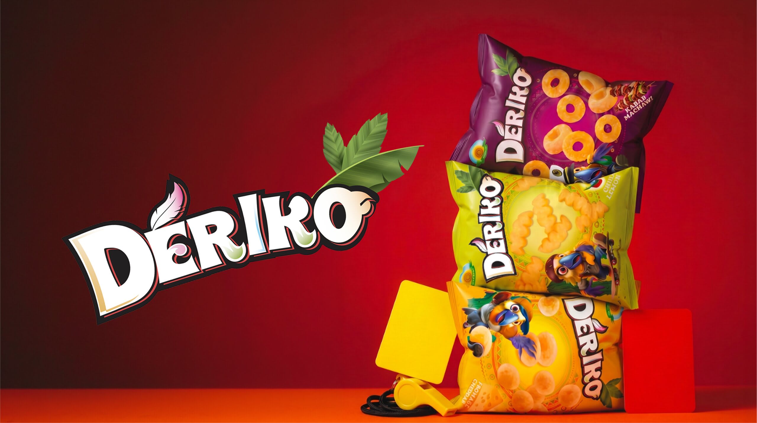 Dériko — packs de snacks, carton jaune et sifflet
