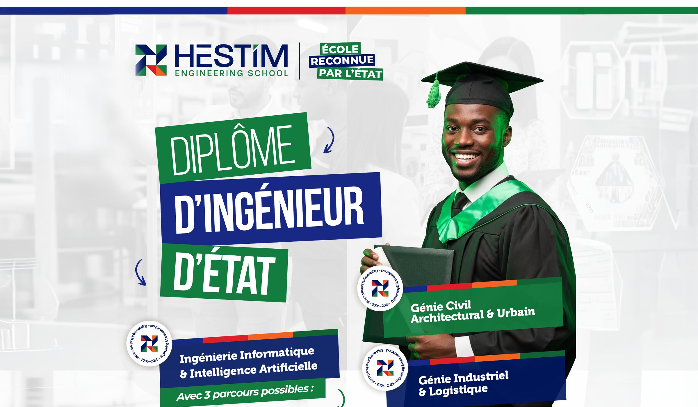 HESTIM Engineering School — affiche Diplôme d'ingénieur d'État avec un jeune diplômé