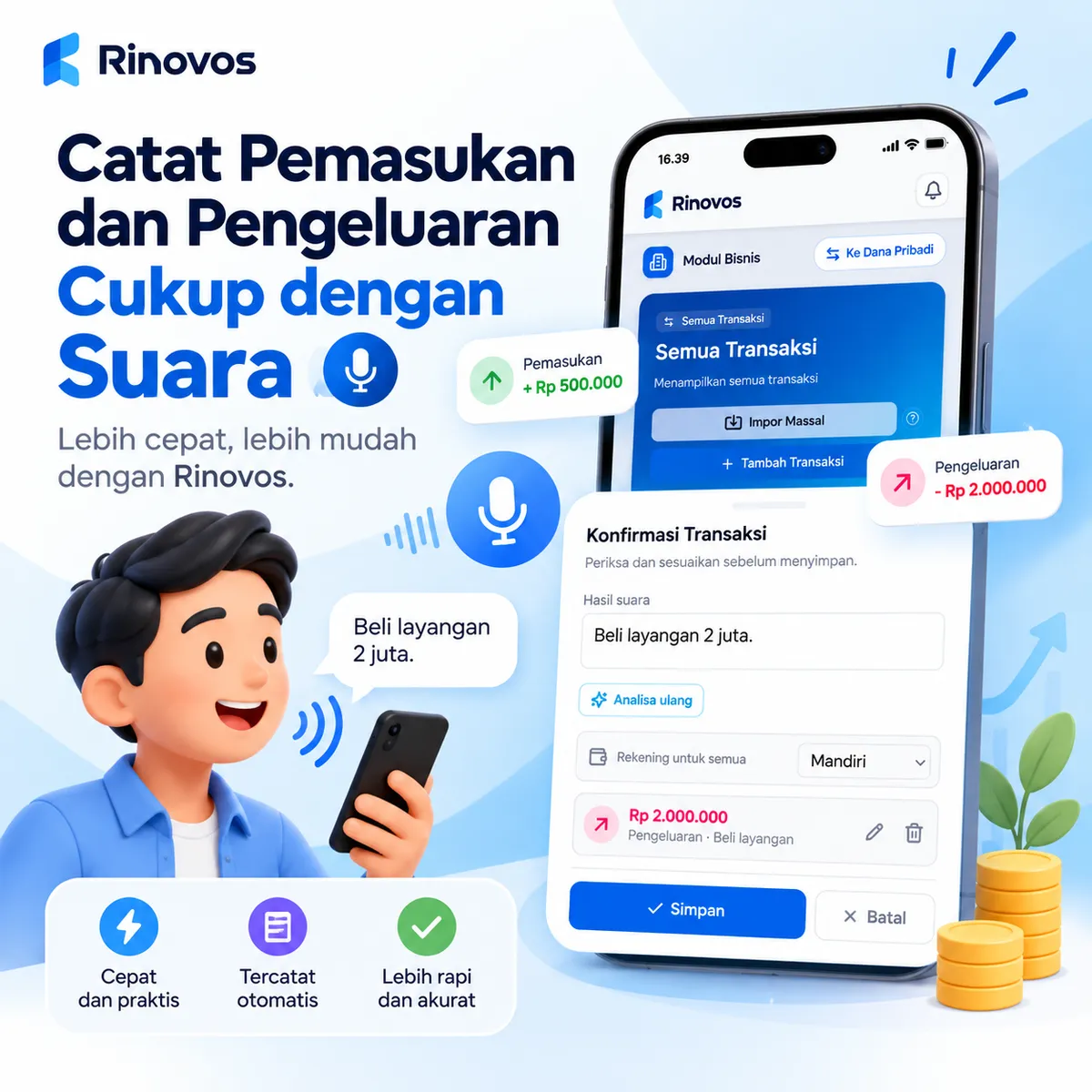 Panduan Catat pemasukan dan pengeluaran dengan suara