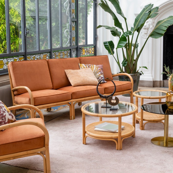 Riviera - canapé 3 places en rotin coussins velours beige rosé